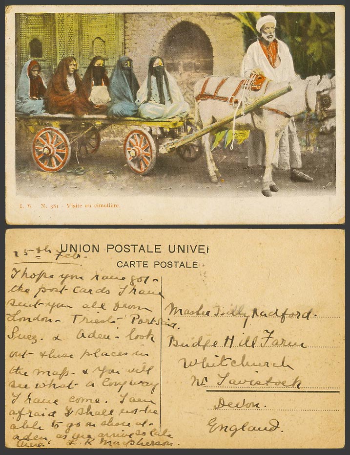 Egypt Old Postcard Egyptian Women Visit Cemetery Visite du Cimetiere Donkey Cart