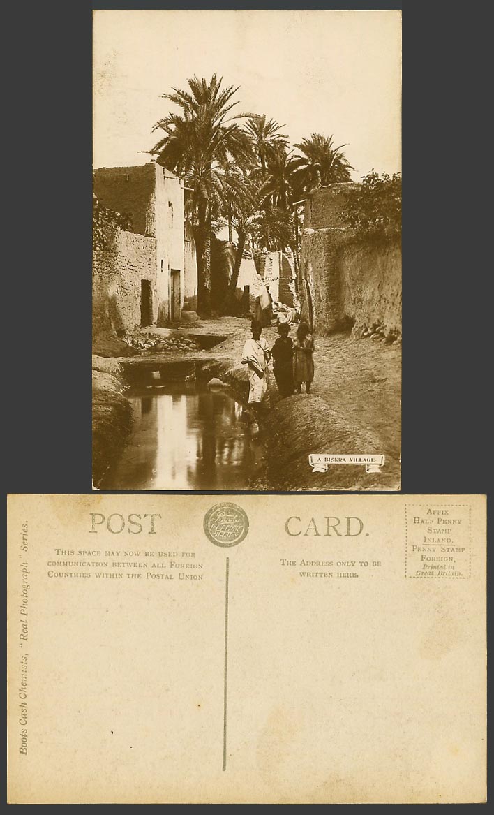 Algeria Old Real Photo Postcard A BISKRA Village Children River Scene Palm Trees