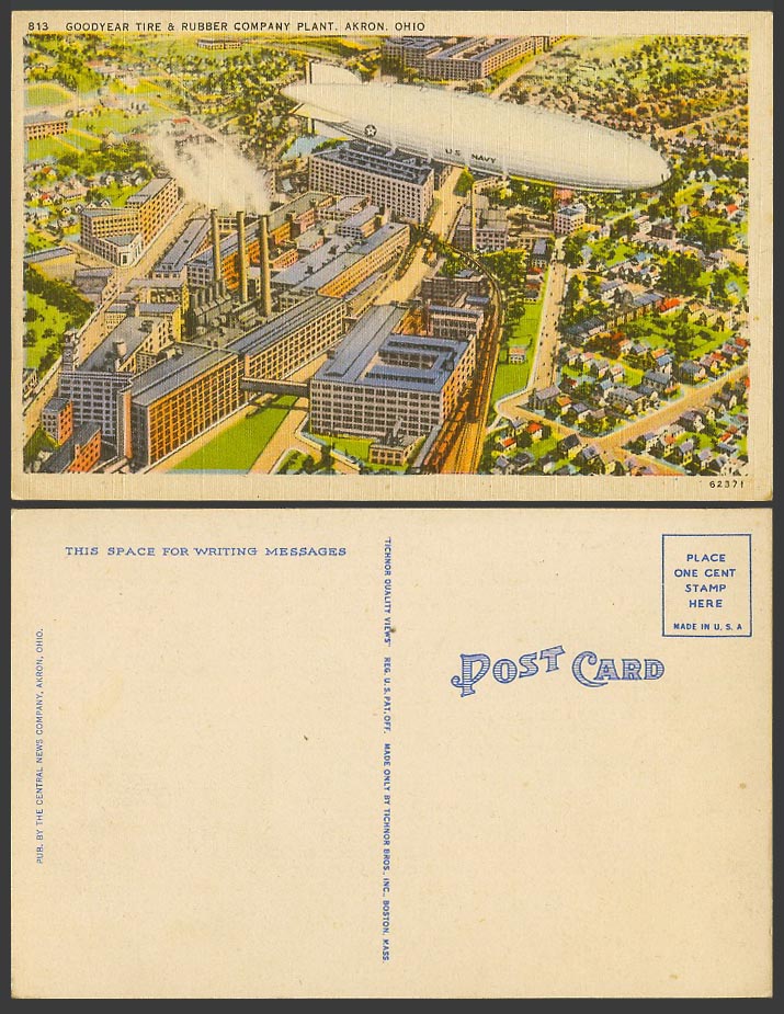 AIRSHIP U.S. Navy Zeppelin Old Postcard Goodyear Tire & Rubber Plant, Akron Ohio
