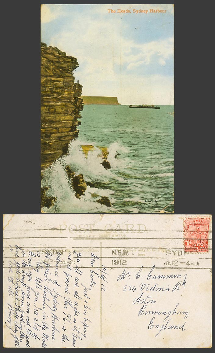 Australia 1d 1912 Old Postcard The Heads Sydney Harbour Cliff Steamer Steam Ship