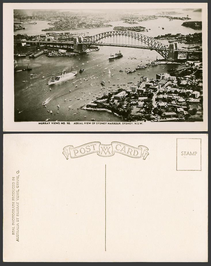 Australia Old Real Photo Postcard Aerial View Sydney Harbour Bridge, Ships Boats