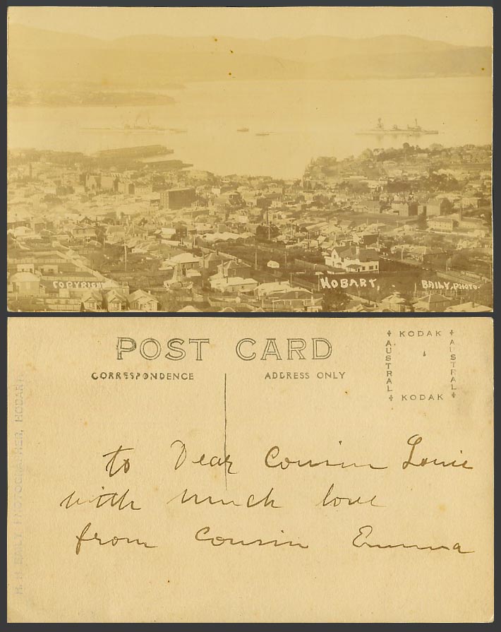 Australia Old Real Photo Postcard Hobart Tasmania Warship, Panorama General View