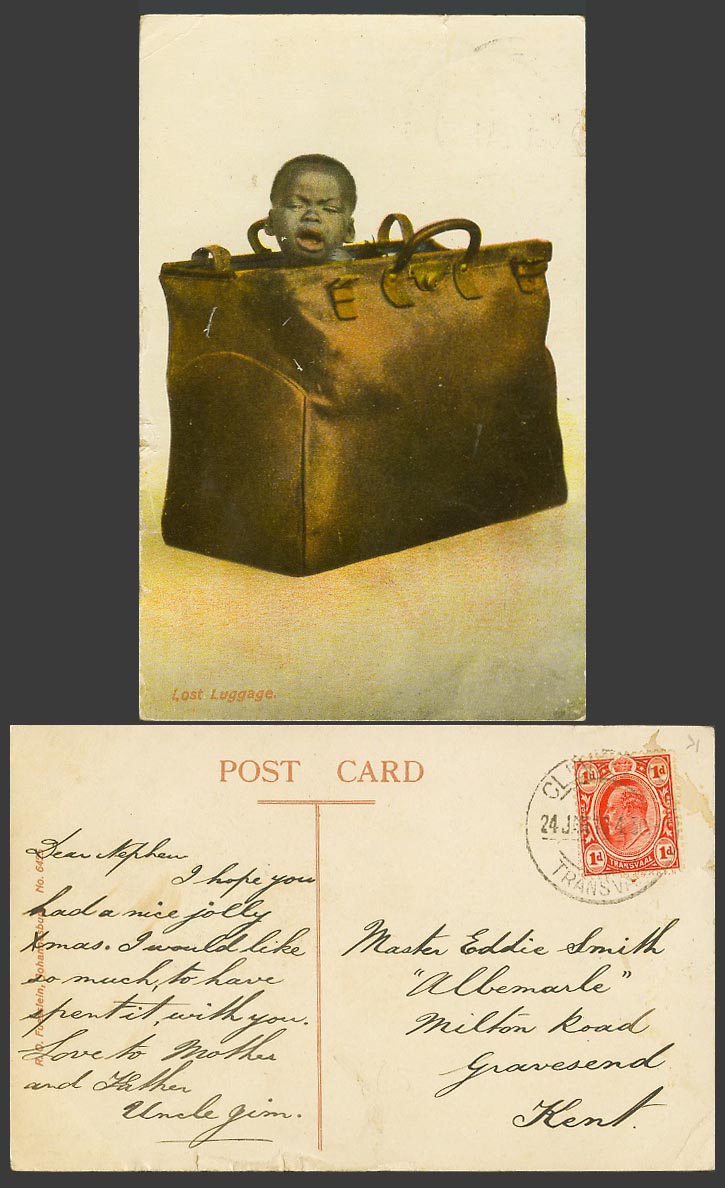 South Africa Transvaal KE7 1d 1910 Old Postcard Native Black Boy in Lost Luggage