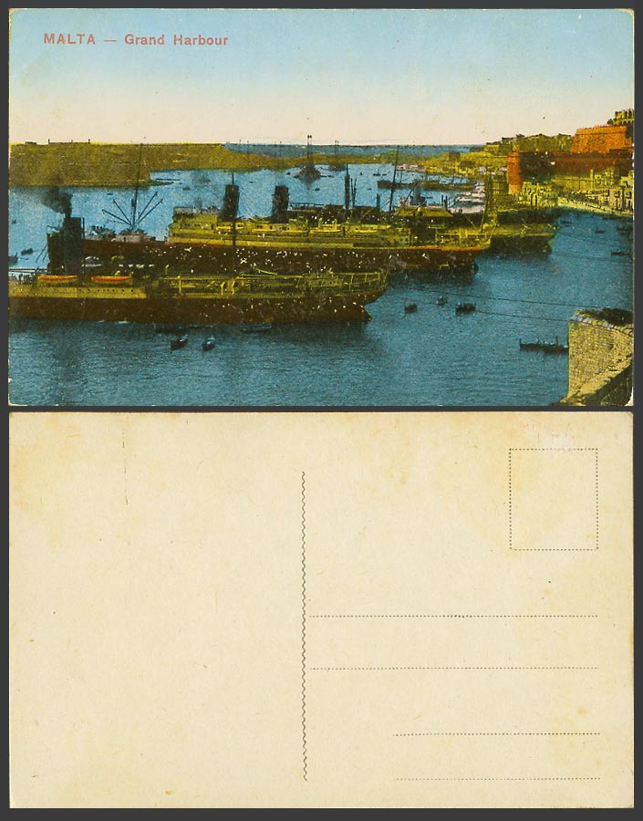 Malta Old Colour Postcard Grand Harbour Steam Ships Native Maltese Boats DGHAISA