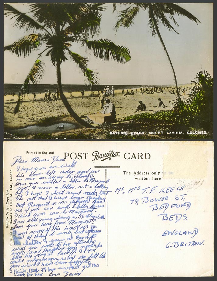 Ceylon Old Photo Postcard Bathing Beach Mount Lavinia Colombo Palm Trees Bathers