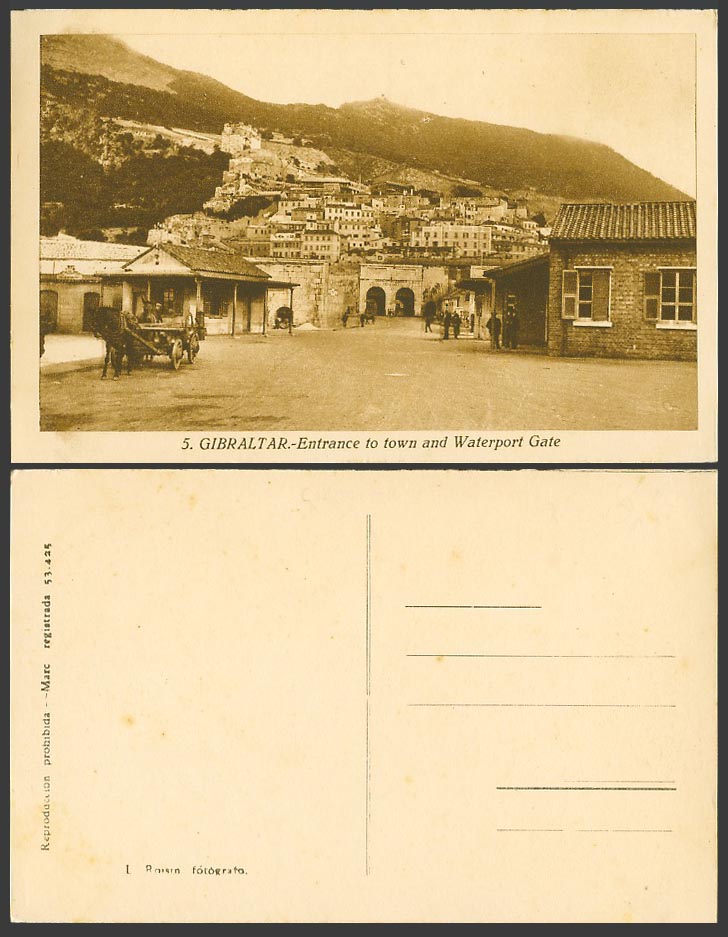 Gibraltar Old Postcard Entrance to Town and Waterport Gate, Street Scene, Cart