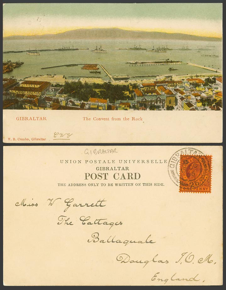 Gibraltar KE7 1d 1905 Old UB Colour Postcard Convent from The Rock Harbour Piers