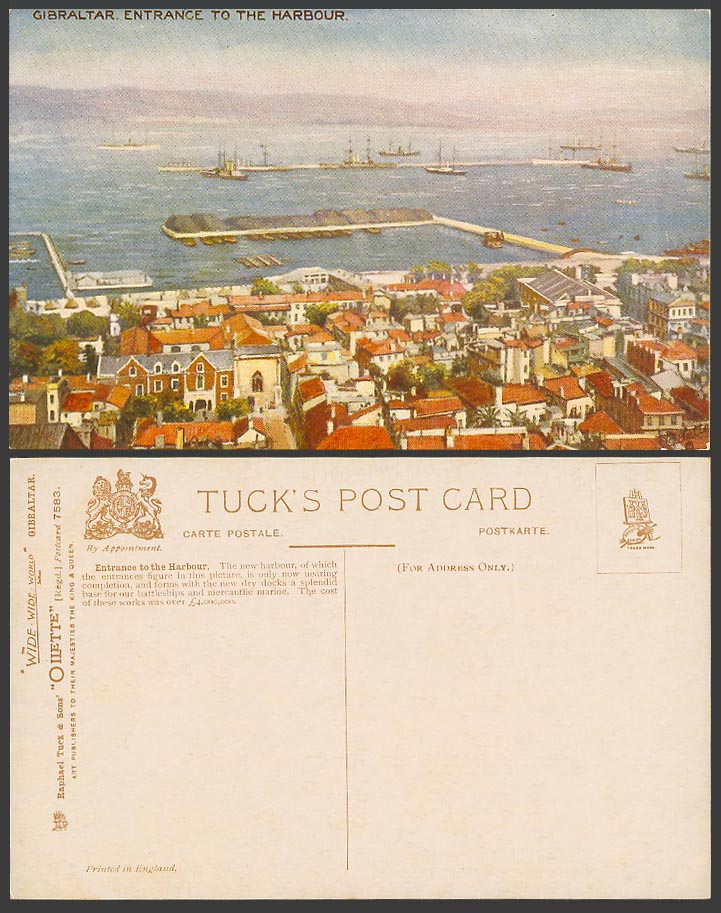 Gibraltar, Entrance to The Harbour, Dry Docks, Piers Old Tuck's Oilette Postcard
