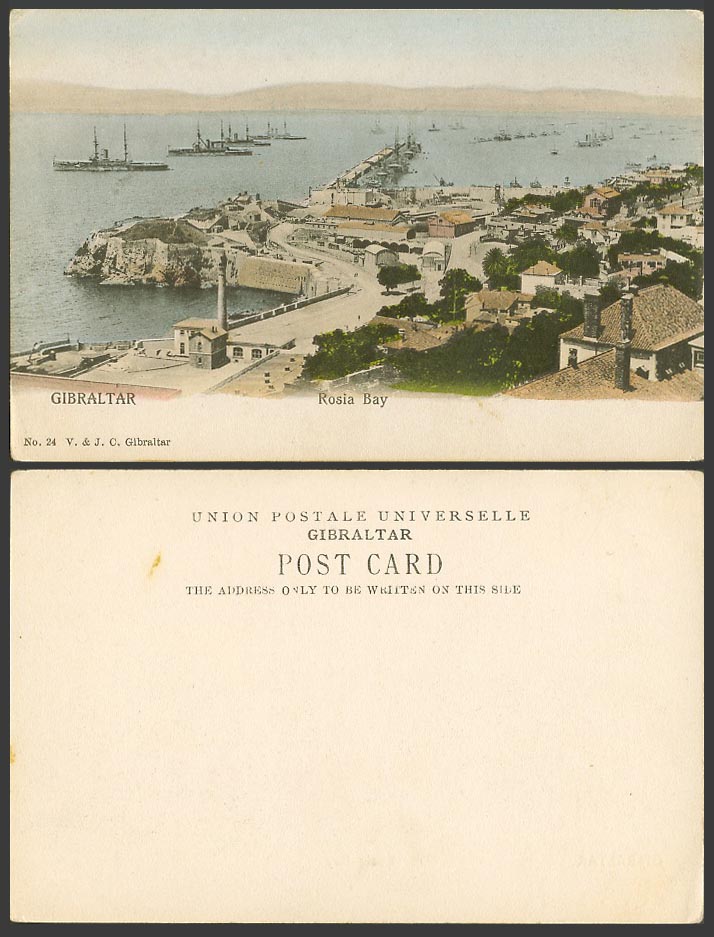 Gibraltar Old UB Postcard Rosia Bay Street Scene Pier Jetty Harbour Warship Ship