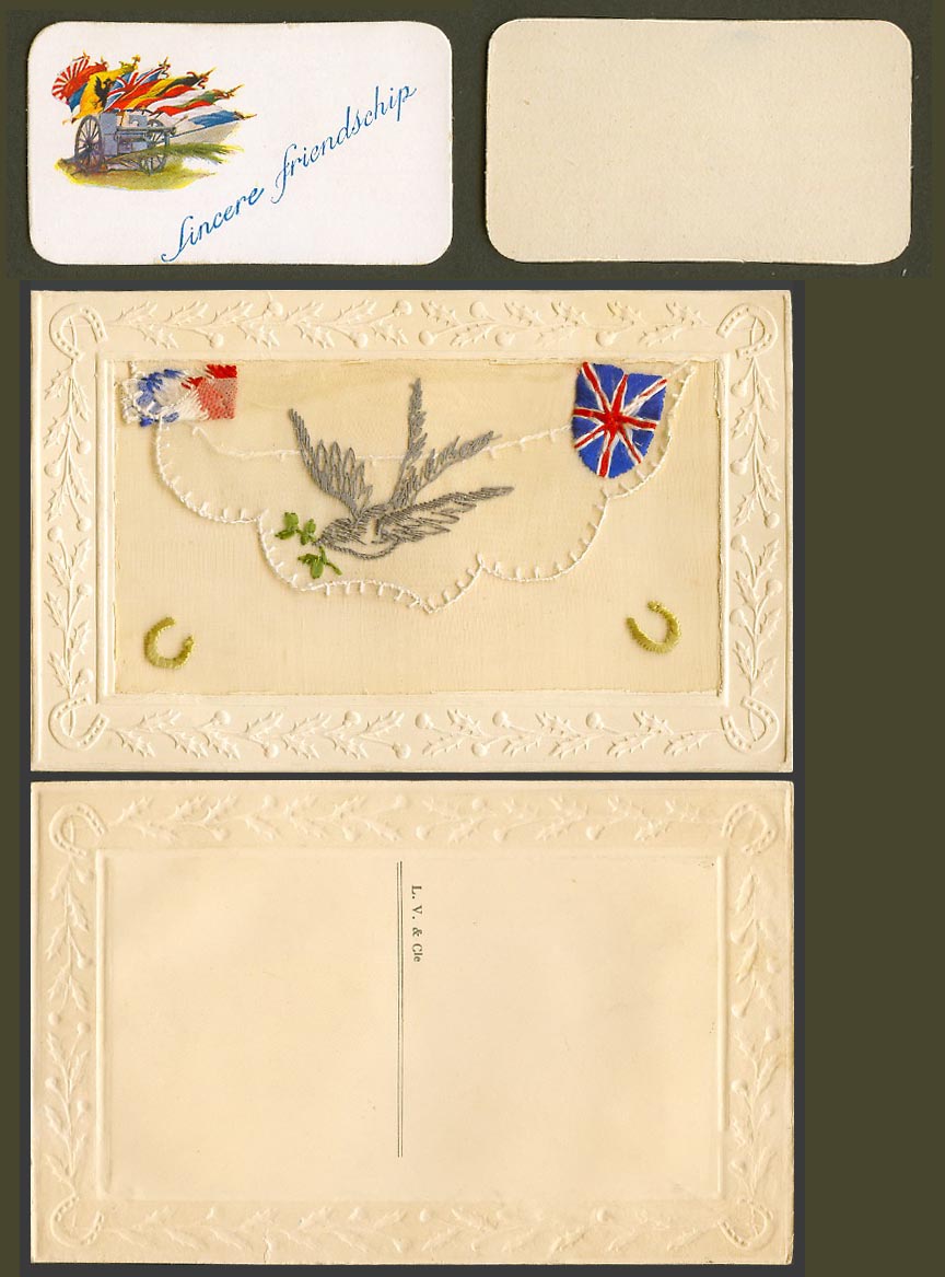 WW1 SILK Embroidered Old Postcard Bird Flags Cannon Sincere Friendship in Wallet