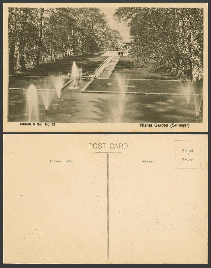India Old Postcard Srinagar Nishat Garden, Fountains Steps, Mahatta & Co. No. 33
