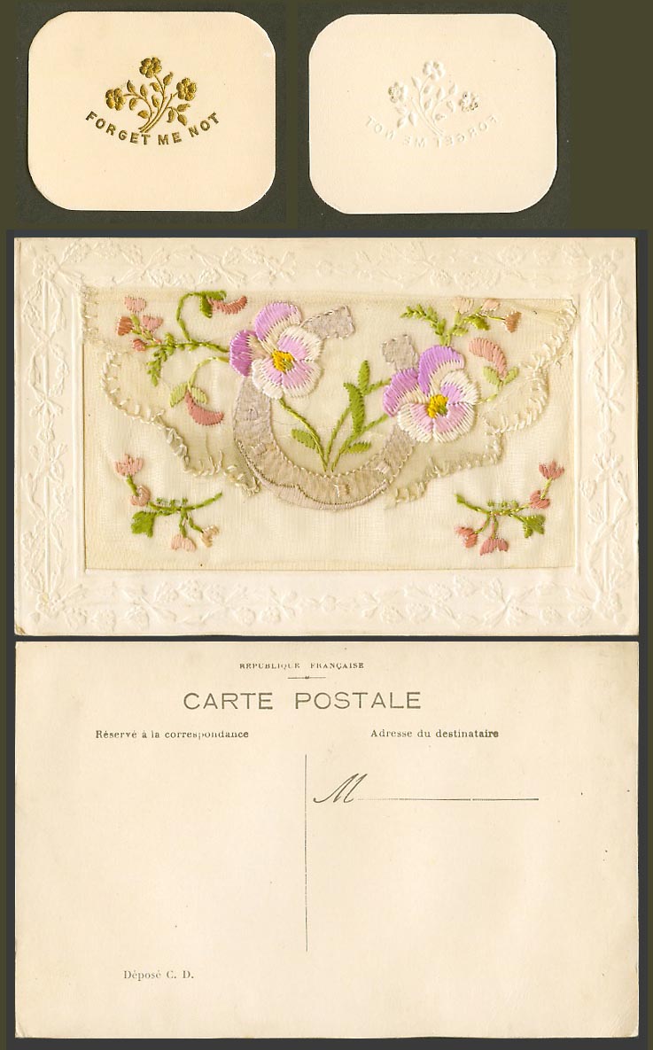WW1 SILK Embroidered Old Postcard Flowers Horseshoe Forget Me Not Card in Wallet
