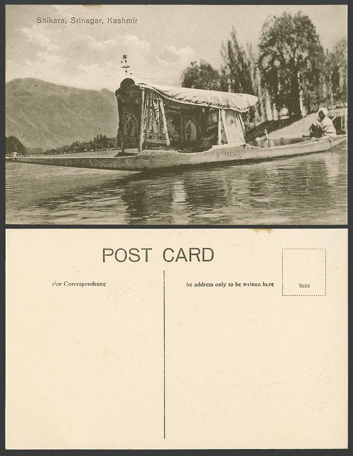 India Old Postcard Shikara Srinagar Kashmir Lake, Man on Decorated Boat Himalaya