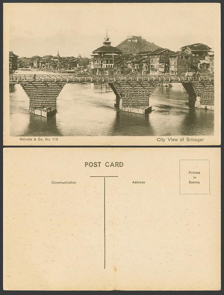 India Old Postcard Kashmir City View of Srinagar Bridge over River Mahatta & Co.