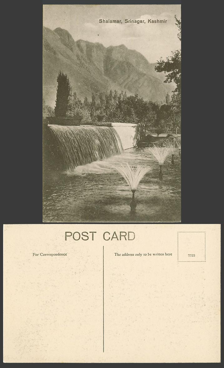India Old Postcard Shalamar Srinagar Kashmir, Fountains Waterfall Fall Mountains