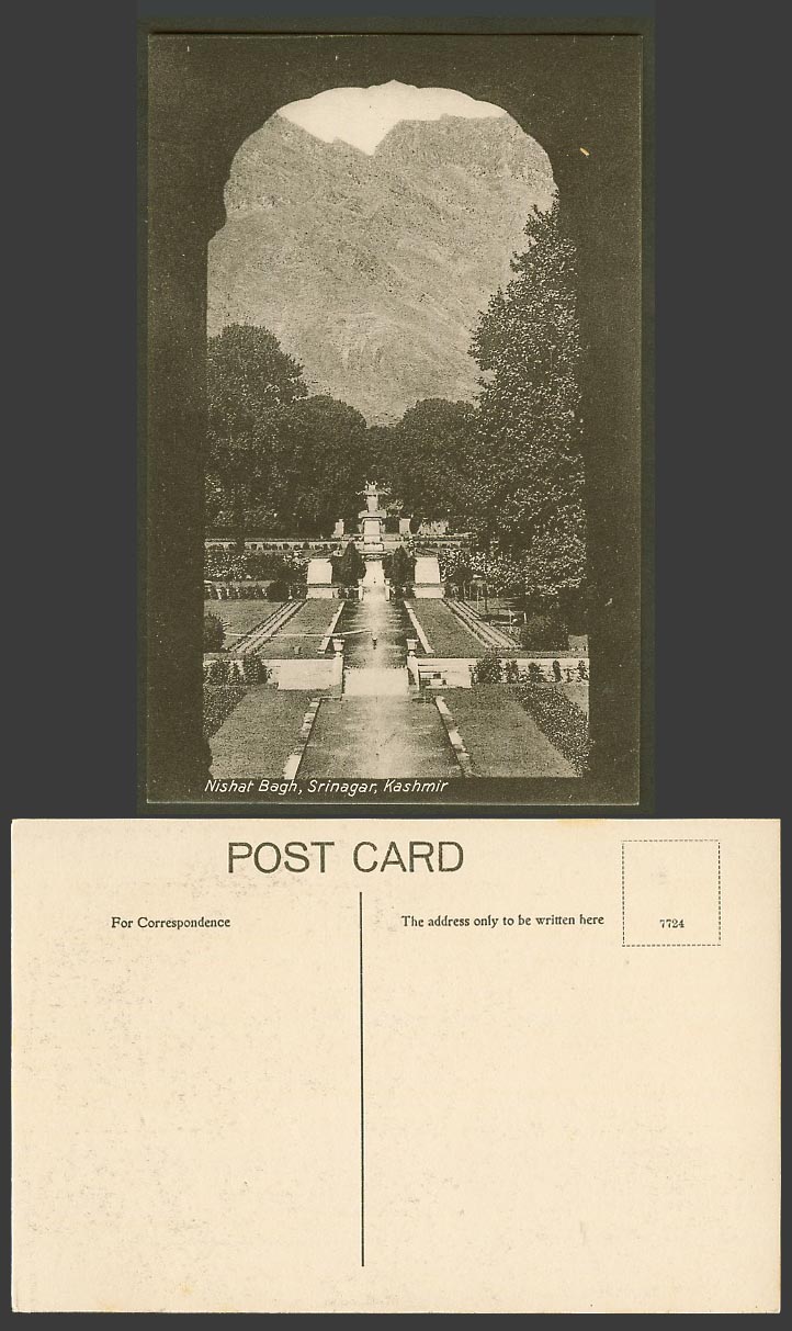 India Old Postcard Nishat Bagh Srinagar, Kashmir Fountains Arched Gate Mountains