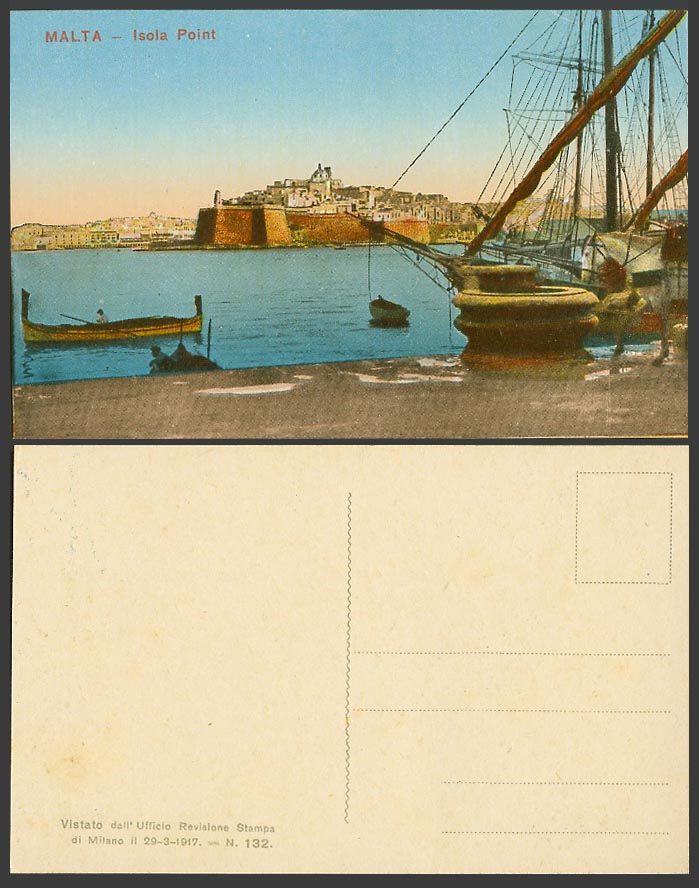 Malta Old Colour Postcard ISOLA POINT, Fort, DGHAISA Native Maltese Fishing Boat