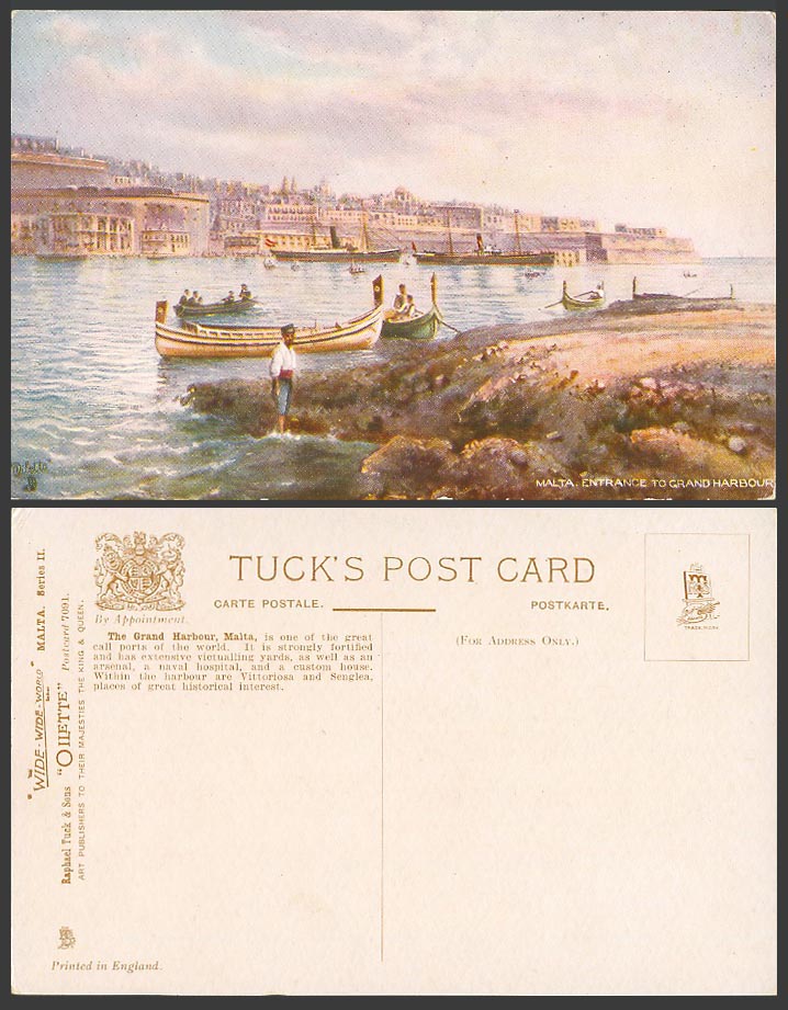Malta Old Postcard Entrance to Grand Harbour DGHAISA Boats Tuck's Oilette N.7091
