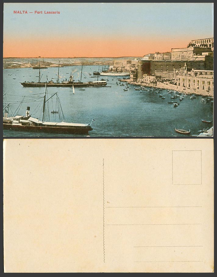 Malta Old Postcard FORT LASCARIS Red Cross Steamer Berger Wilhelm, Ships Harbour