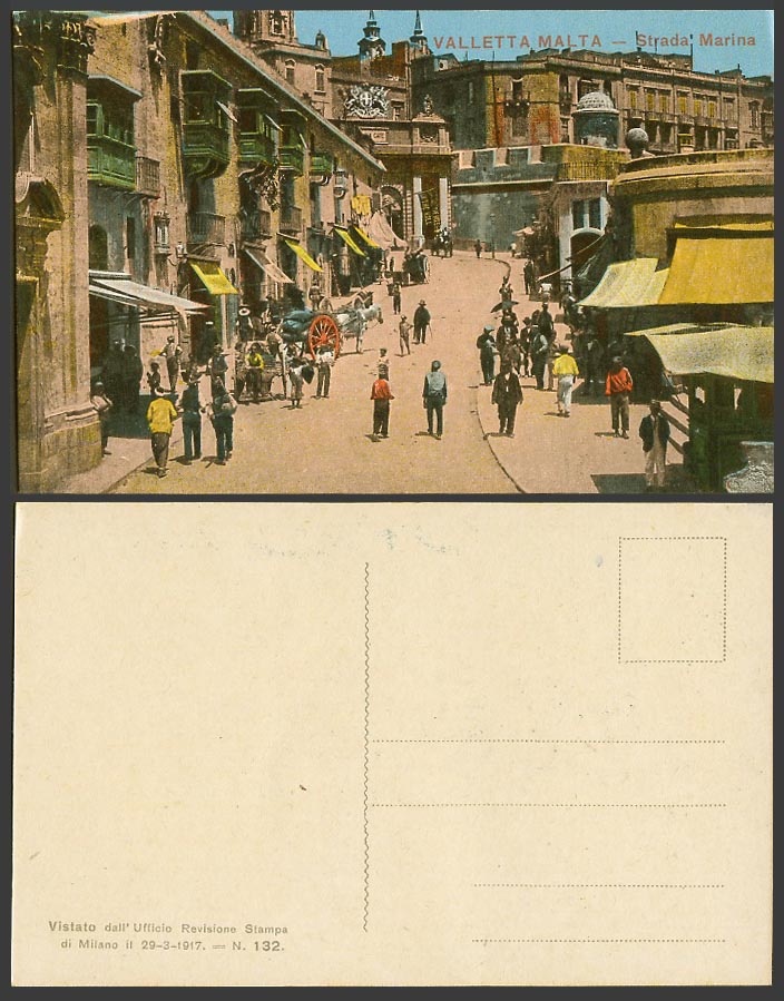 Malta Old Colour Postcard Valletta Strada Marina,HOLE IN WALL Street Scene Gate