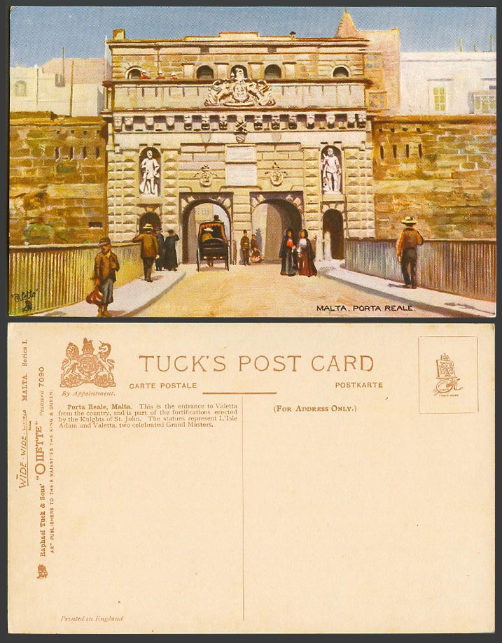 Malta Old Tuck's Oilette Postcard Porta Reale, Entrance To Vallette Gates Street