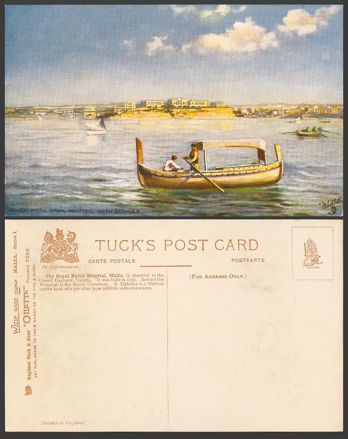 Malta Old Tuck's Oilette Postcard Royal Naval Hospital Cemetery DGHAISA Boat ART