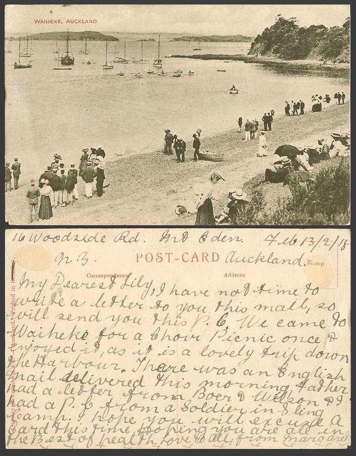 New Zealand 1918 Old Postcard Waiheke Auckland Beach Harbour Boating Boats Yacht
