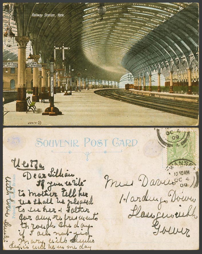 York Railway Station, North Train Platform, Railroad Yorkshire 1909 Old Postcard
