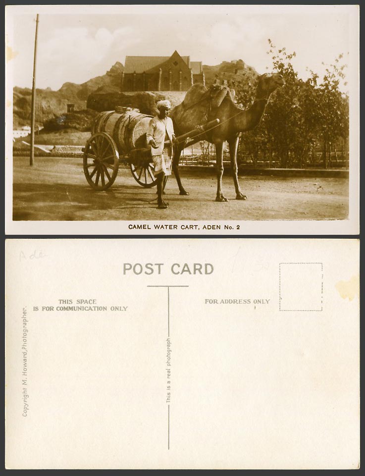 Aden Old Real Photo Postcard CAMEL WATER CART, Native Man Street Scene M. Howard
