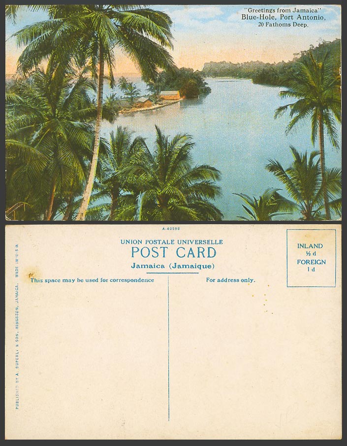 Jamaica Old Postcard Blue-Hole Port Antonio Blue Hole 20 fathoms deep Palm Tree
