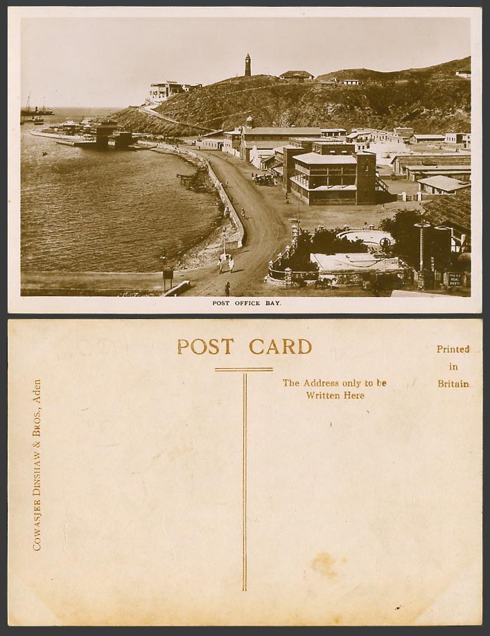 Aden Yemen Old Real Photo Postcard POST OFFICE BAY, Lighthouse Hill Street Scene