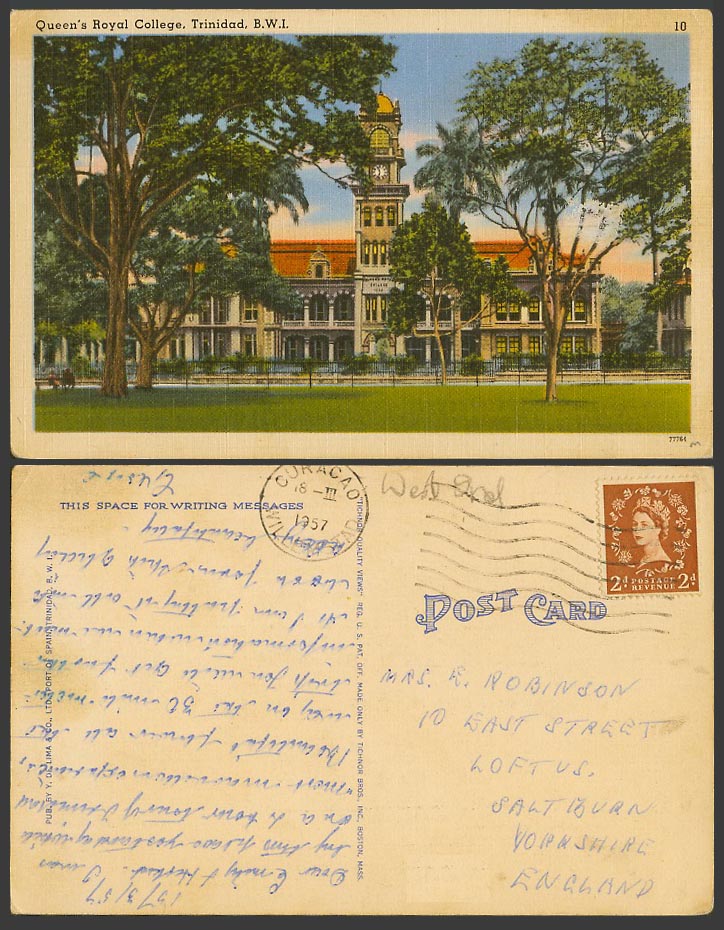 Trinidad QE 2d 1957 Old Postcard Queen's Royal College Port of Spain Clock Tower