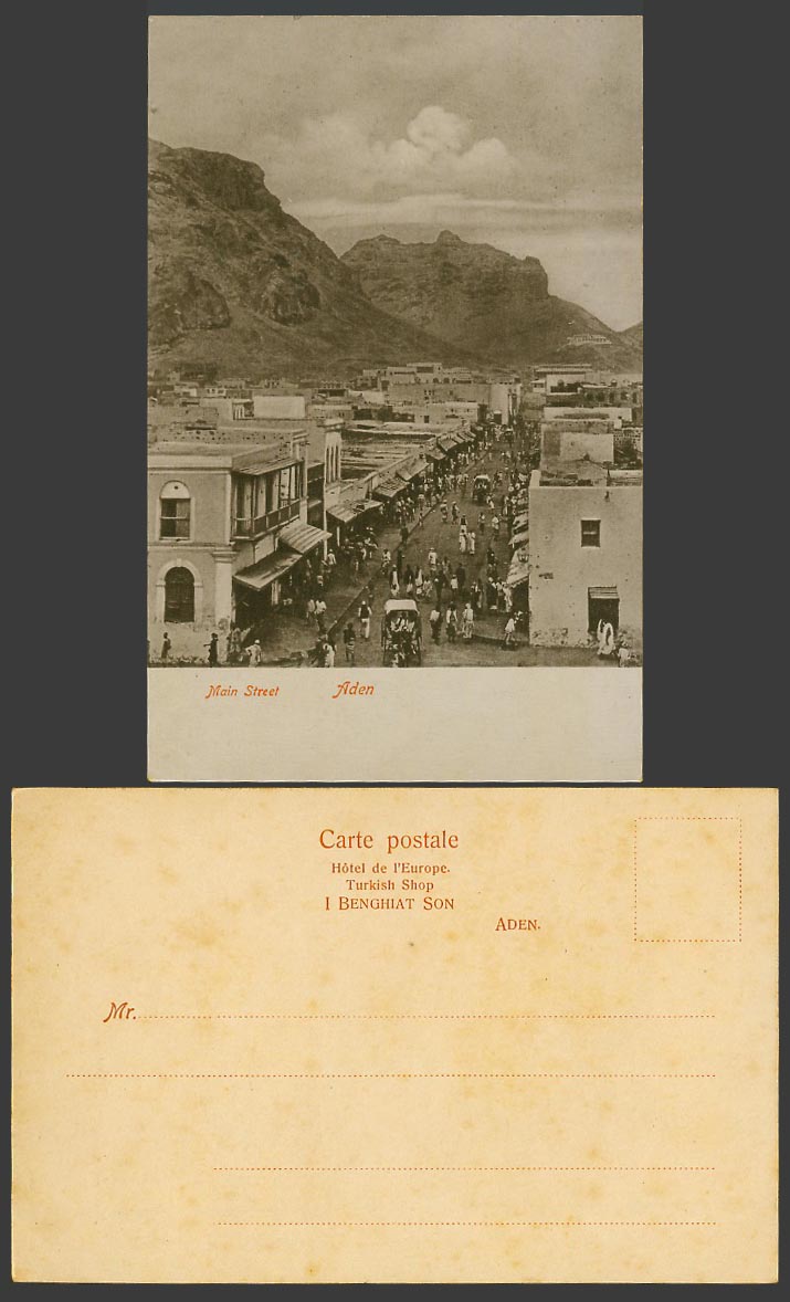 Aden Old UB Postcard Main Street Native Street Scene Carts Mountains Hills Yemen