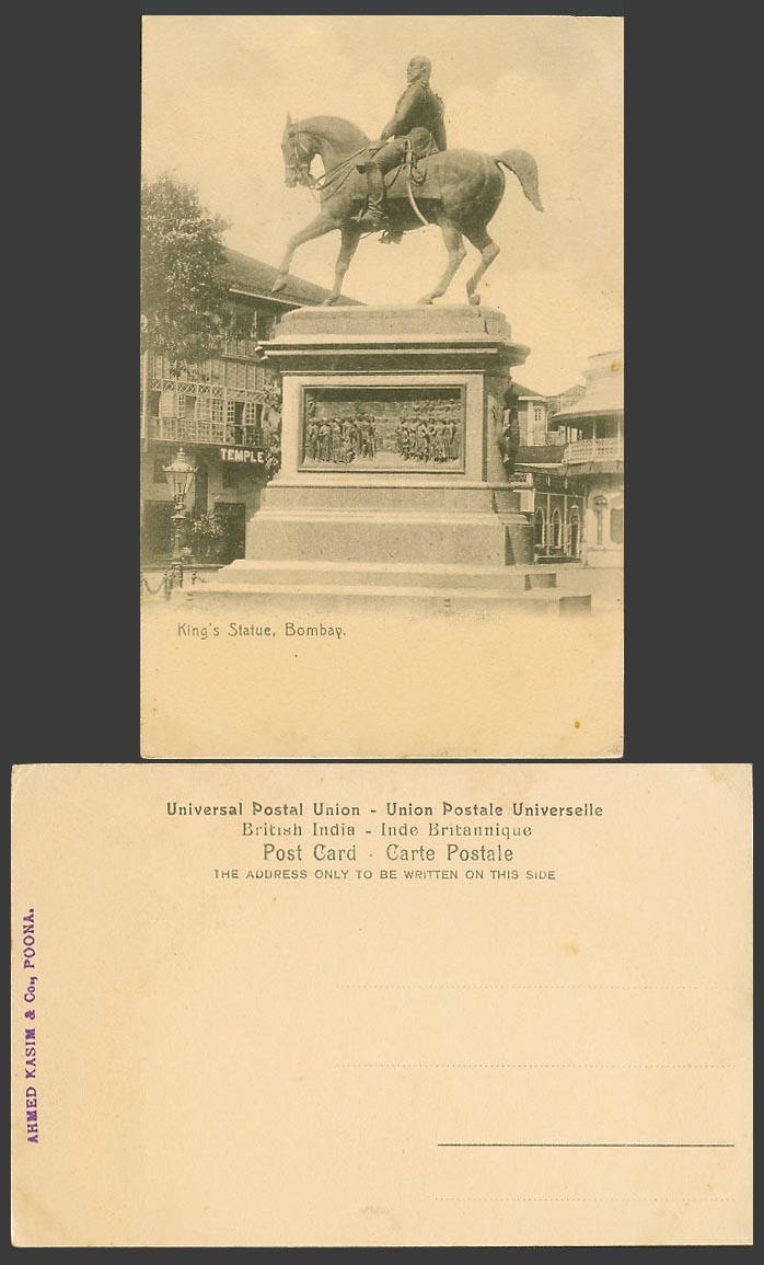 India Old Postcard King Edward's Statue Bombay Horse Rider Temple Bar Hotel Lamp