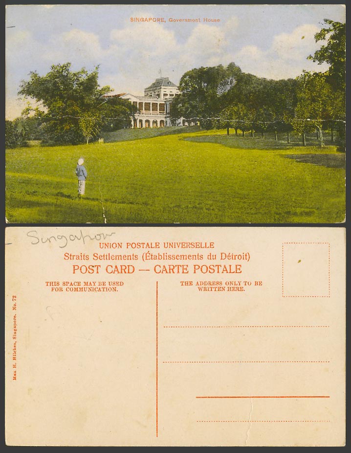Singapore Old Colour Postcard Government House, Man, Trees Max H. Hilckes No. 72