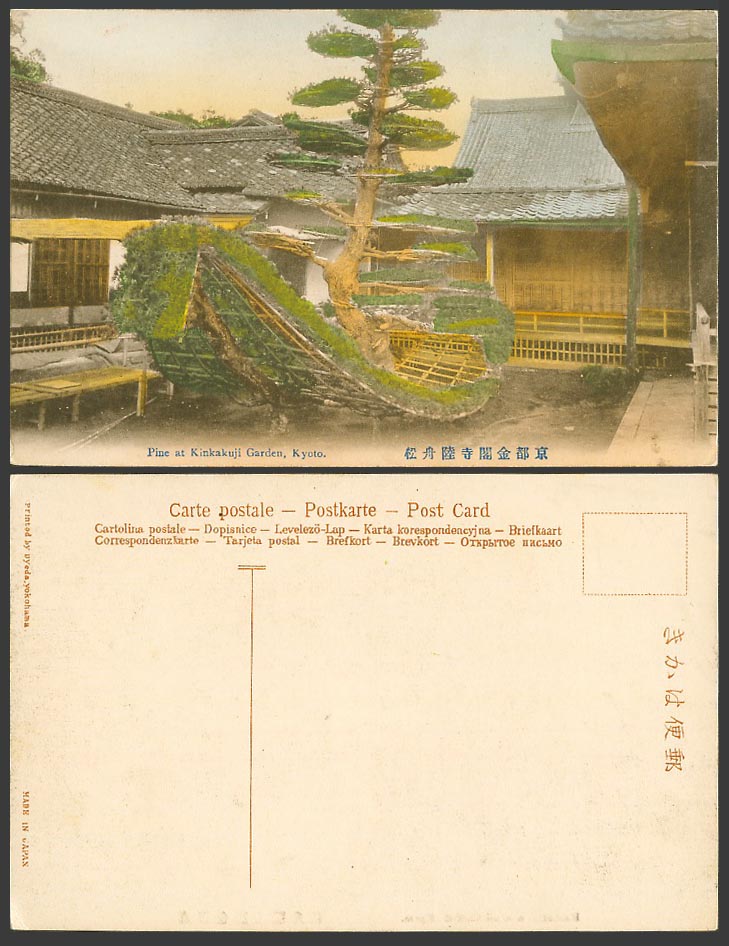 Japan Old H Tinted Postcard Rikushu Boat Pine Tree Kinkakuji Garden Temple Kyoto