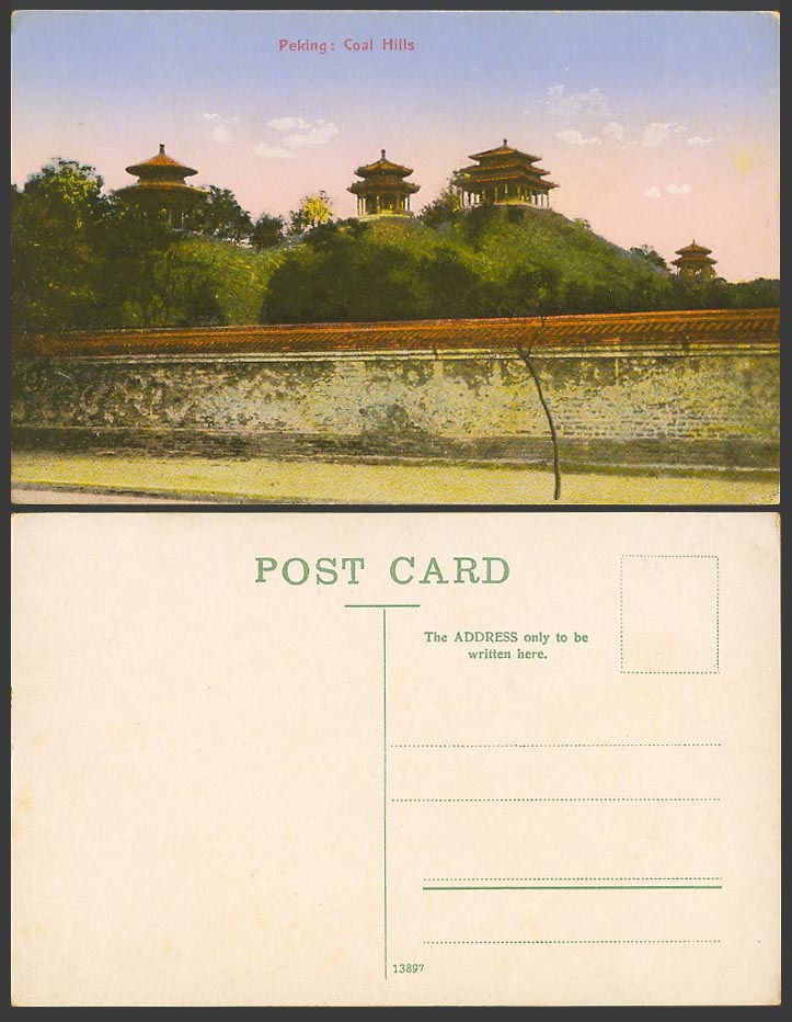 China Old Colour Postcard Peking Coal Hills, Towers Gazebo Pavilions Walls Pekin