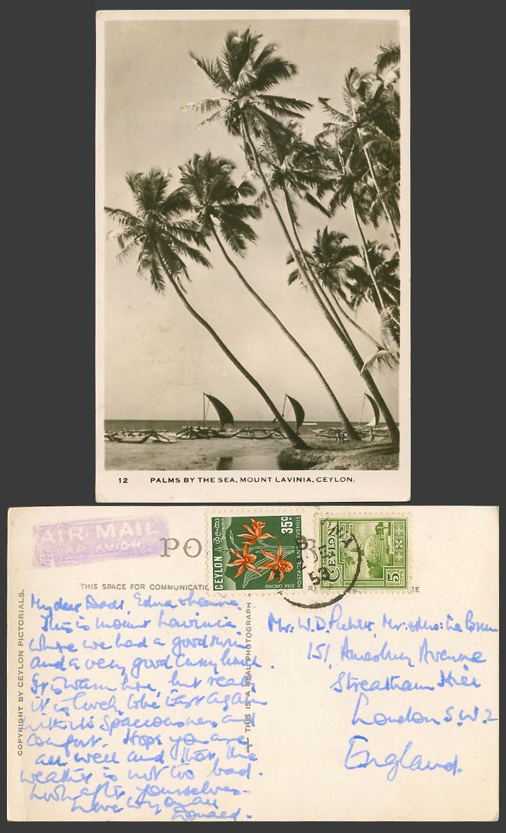 Ceylon Air Mail 1953 Old Postcard Palms by Sea Mount Lavinia Hotel Beach & Boats