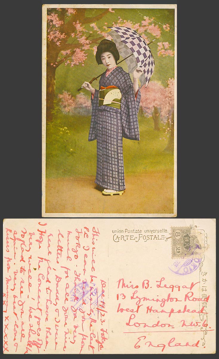 Japan 1923 Old Postcard Geisha Girl Woman Lady Kimono & Umbrella Cherry Blossoms