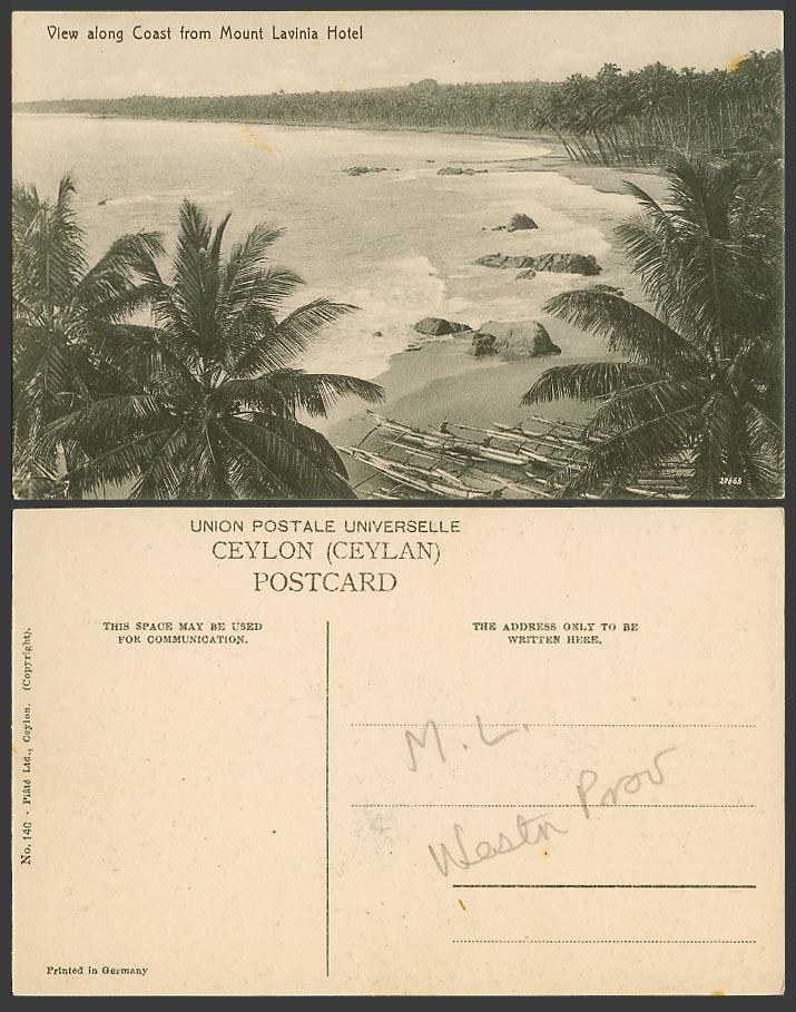 Ceylon Old Postcard View Along Coast from Mount Lavinia Hotel, Beach Boats Palms