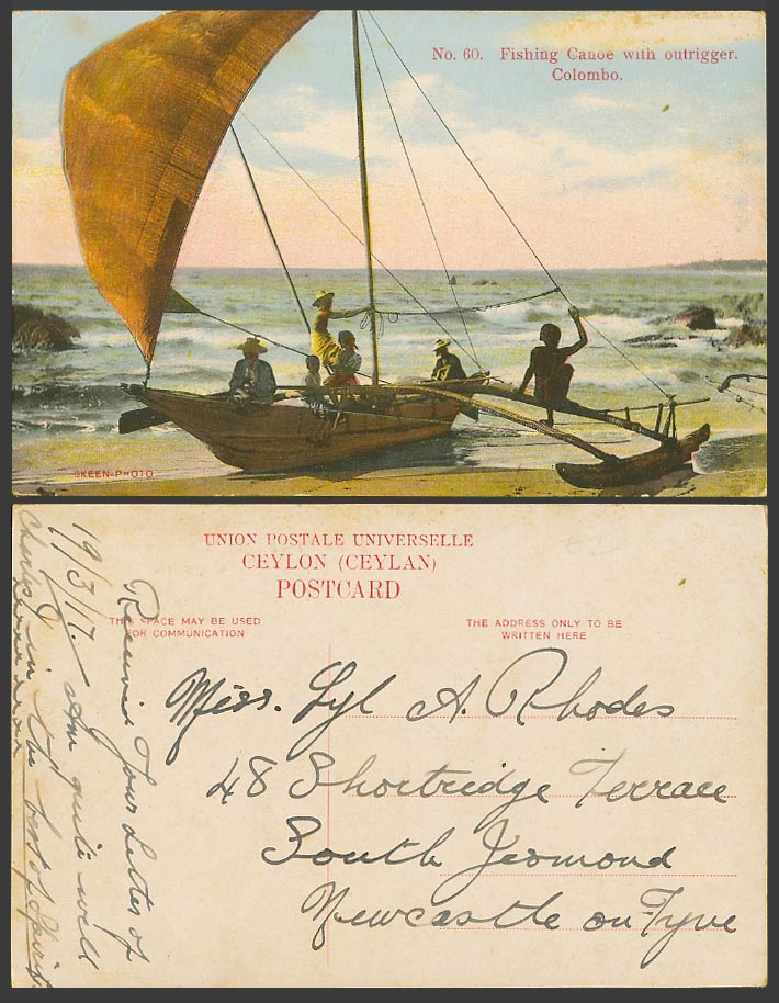 Ceylon 1917 Old Postcard Outrigger Fishing Canoe Colombo, Full Sail Boat Fishery