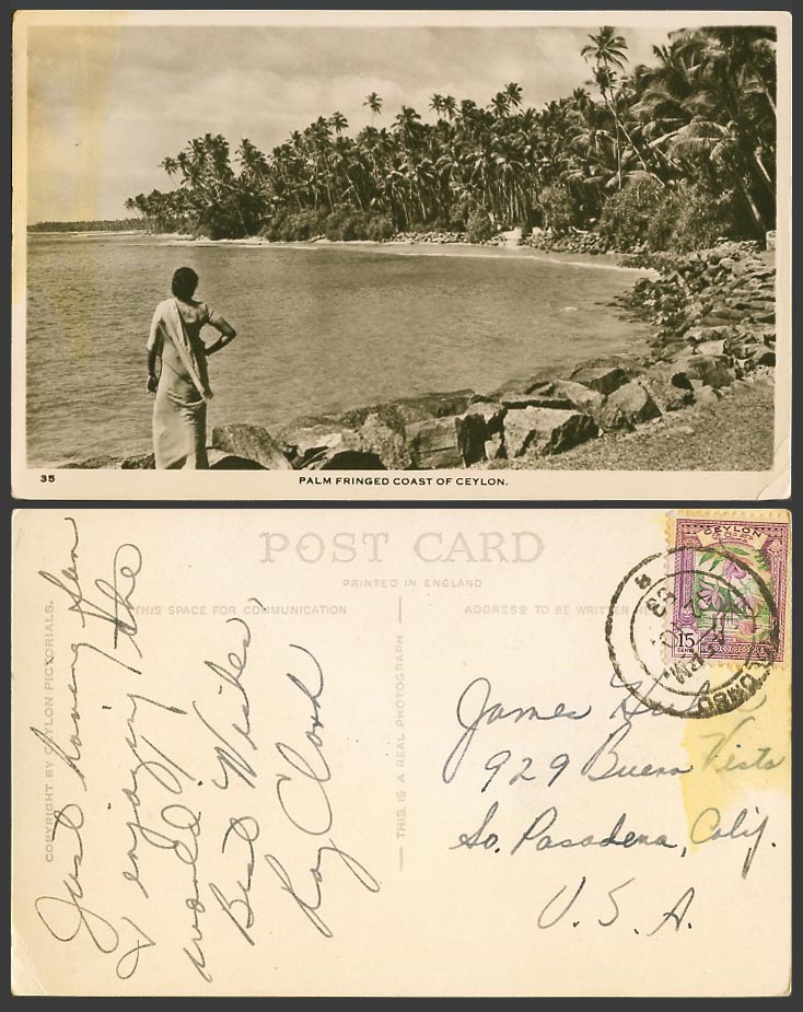 Ceylon 15c 1953 Old Real Photo Postcard Palm Fringed Coast Woman Lady Palm Trees