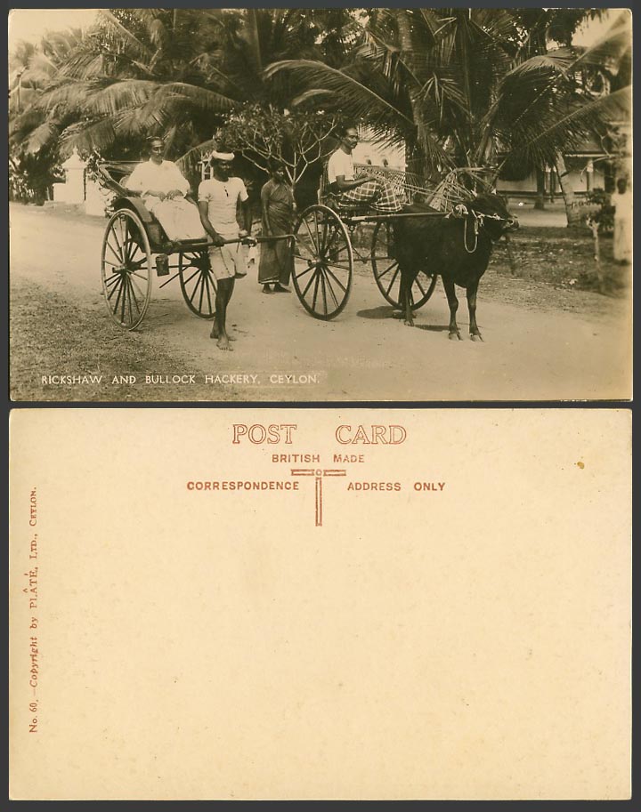 Ceylon Old Real Photo Postcard Rickshaw and Bullock Hackery Cart Coolie & Driver