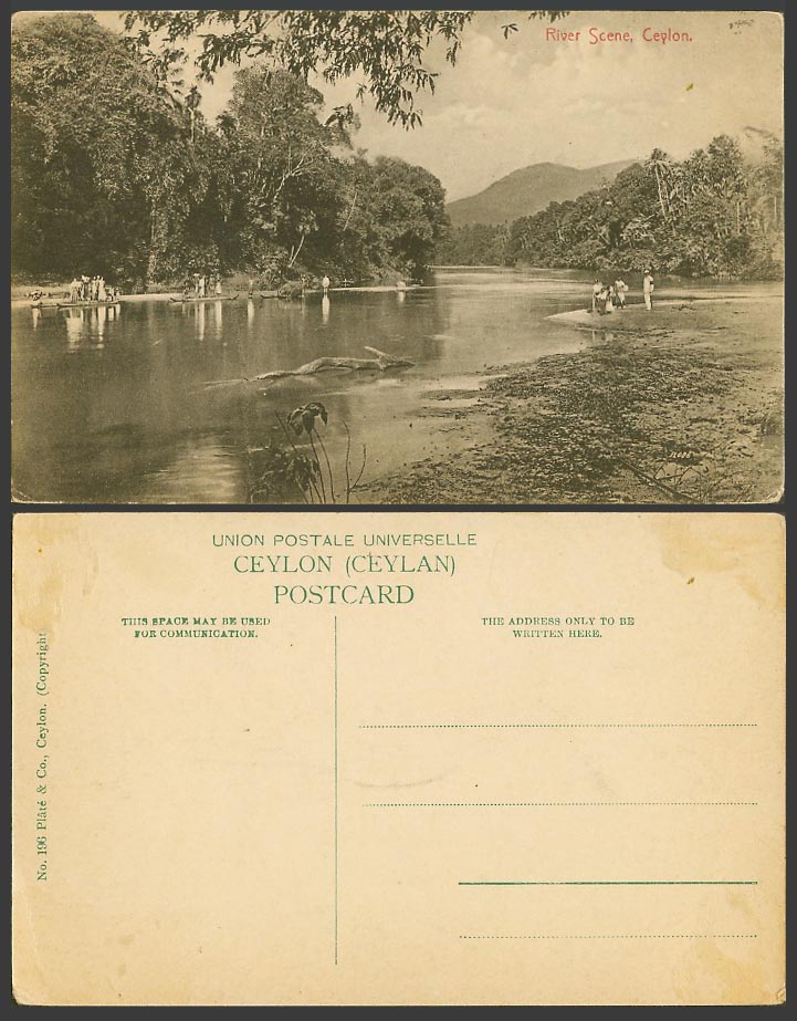 Ceylon Old Postcard River Scene, Groups of Native People, Boats Canoes, Panorama