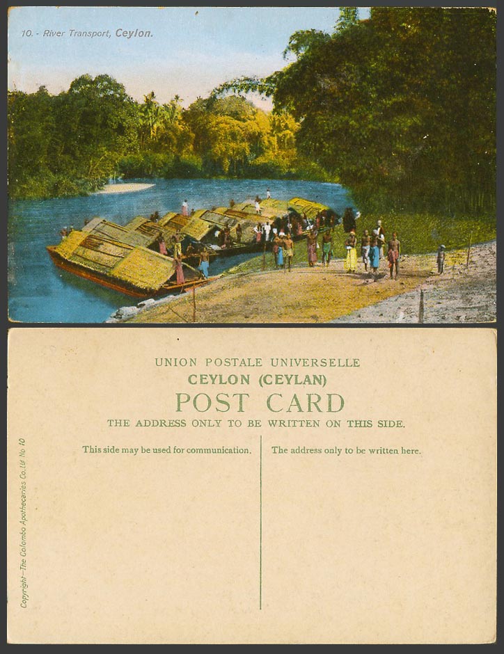 Ceylon Old Colour Postcard River Transport, Native Sampans Boats, Coolies No. 10