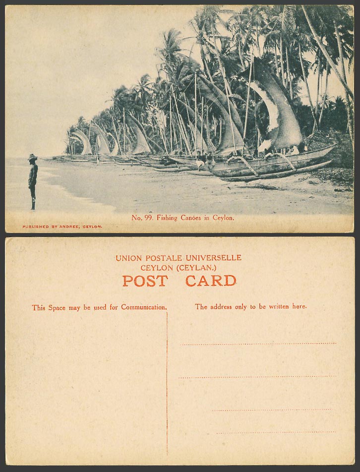 Ceylon Old Postcard Man Stands by Fishing Canoes Sailing Boats, Beach Palm Trees