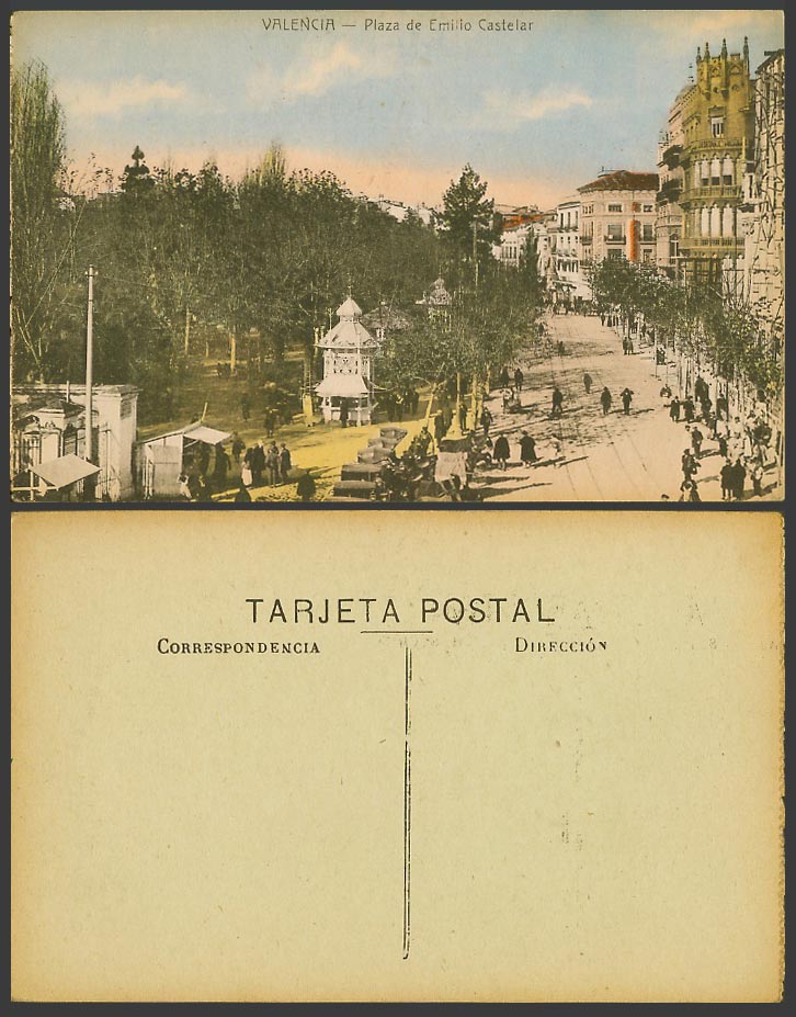 Spain Old Color Postcard Valencia Plaza de Emilio Castelar Street Scene Tramline