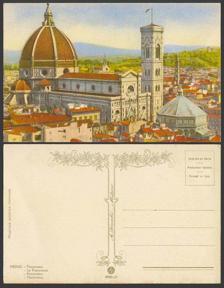 Italy Firenze Florence Panorama and Towers, Art Artist Drawn Old Colour Postcard