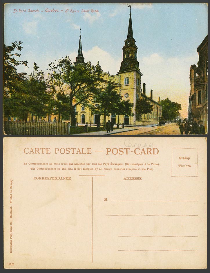 Canada Old Colour Postcard St. Roch Church Quebec Eglise Saint Roch Street Scene