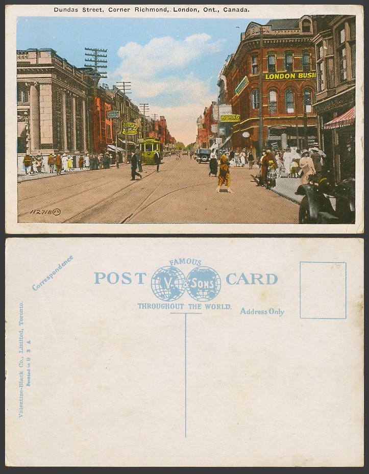 Canada Old Postcard Dundas Street Scene Corner Richmond London Ont. Ontario TRAM